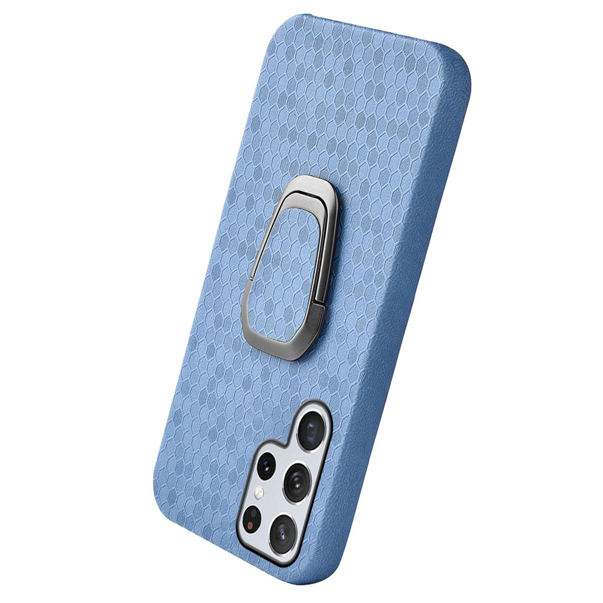 Blaue Handyhülle mit Ringhalter. Die Hülle hat eine Wabenstruktur. Kamera sichtbar.