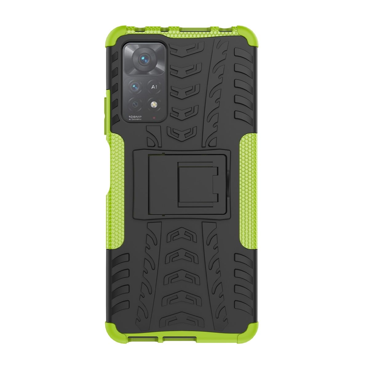 Schwarz-grüne Handyhülle mit Ständer. Das Telefon befindet sich in der Hülle.