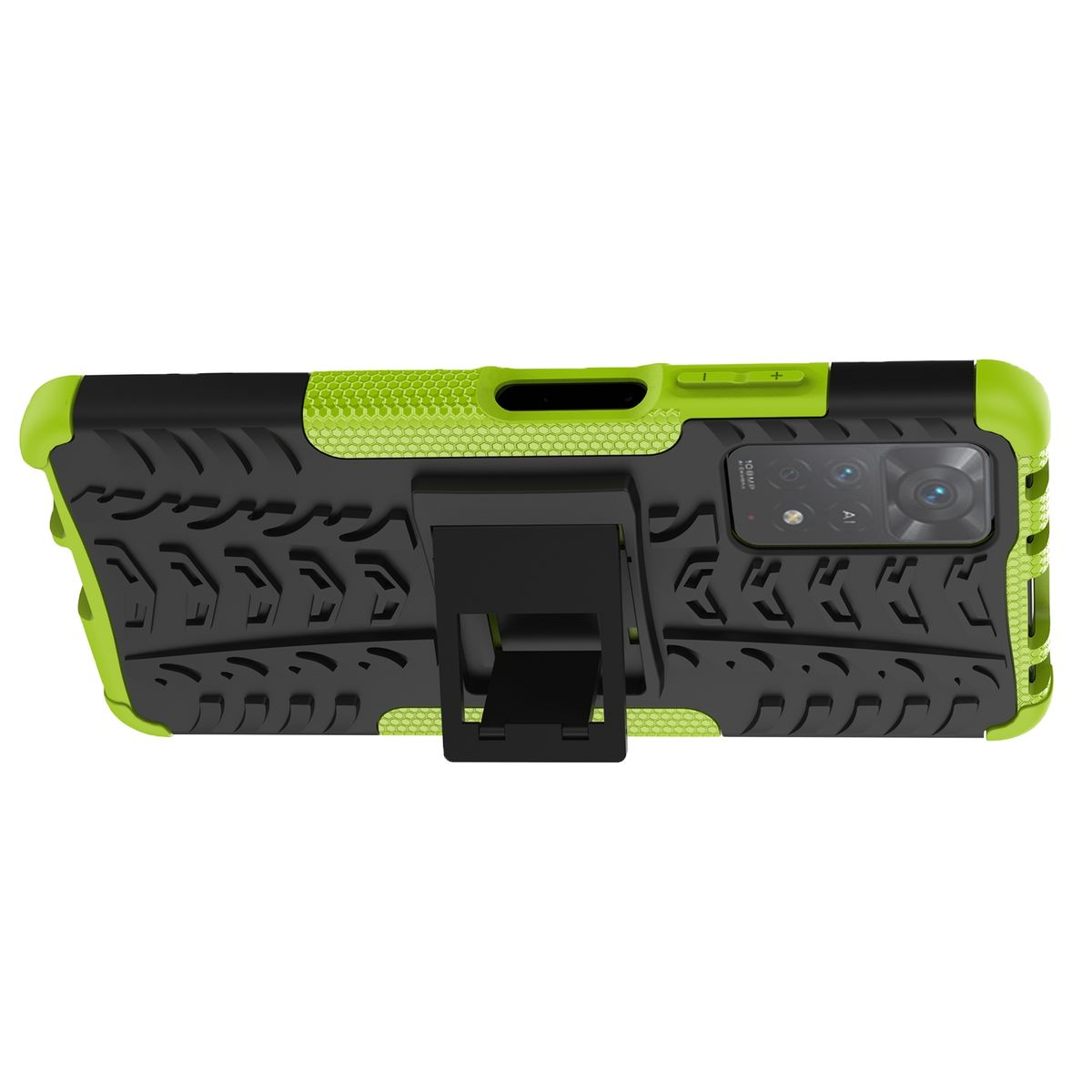 Grüne und schwarze Handyhülle mit Ständer. Reifenprofil-Design. Telefonkamera sichtbar.