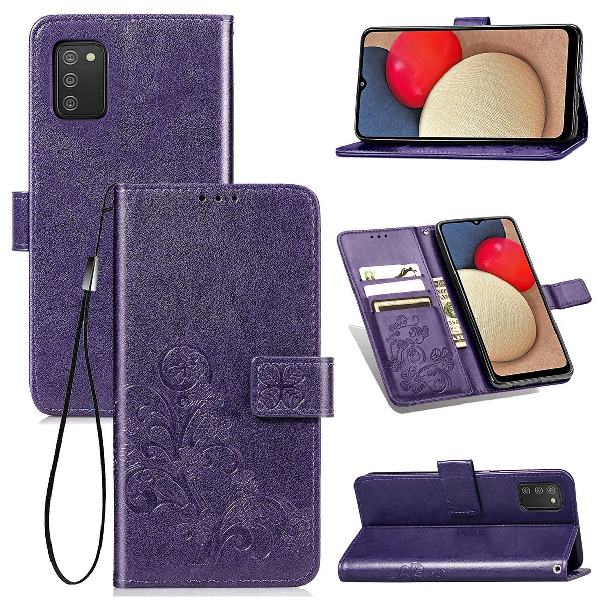 Lila Handyhülle mit floralem Design, offen und geschlossen, mit Telefon und Karten innen.