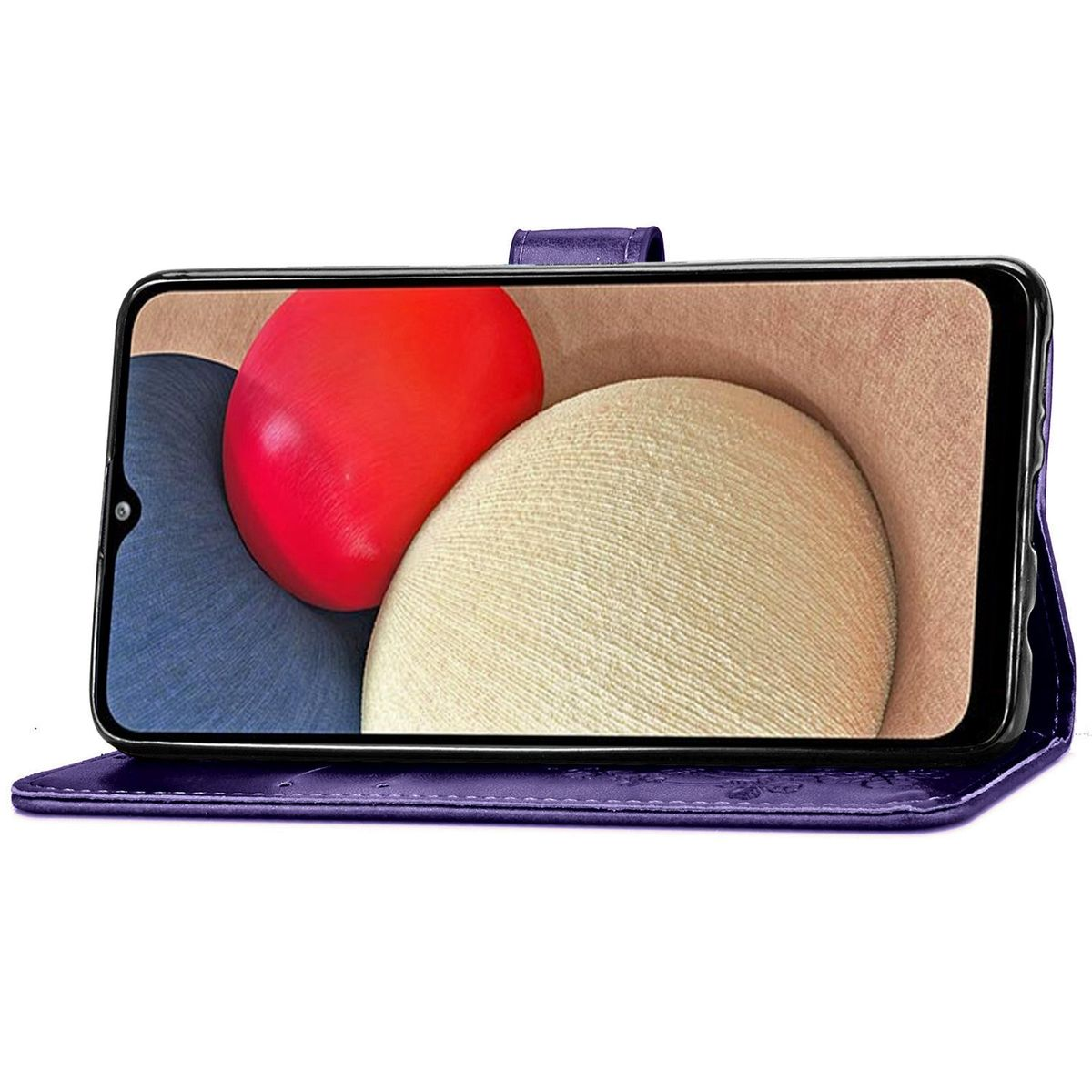 Lila Handyhülle mit Handy. Der Bildschirm zeigt bunte abstrakte Formen.