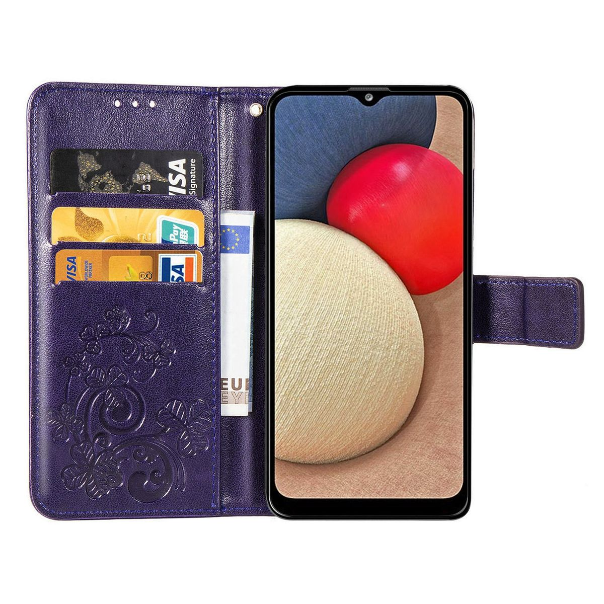 Lila Handyhülle mit Karten und Telefon. Das Telefon zeigt ein Bild.