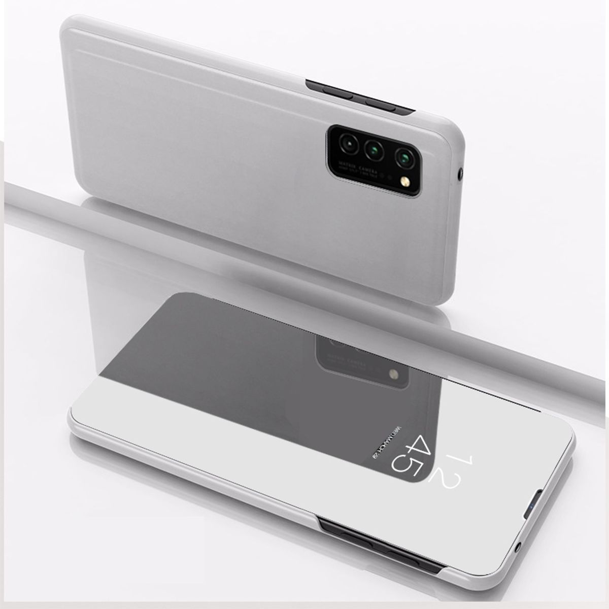 Weiße Handyhülle, reflektierende Oberfläche. Handyhülle oben, Telefon unten, spiegelt Bildschirm.