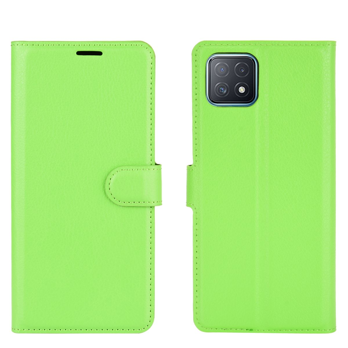 Grüne Handyhülle. Das Telefon ist in der geöffneten Hülle sichtbar.