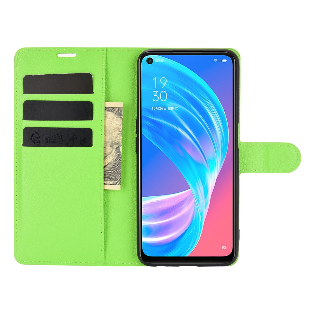 Grüne Handyhülle offen mit Telefon, das Zeit anzeigt. Geld und Karten sind im Etui sichtbar.