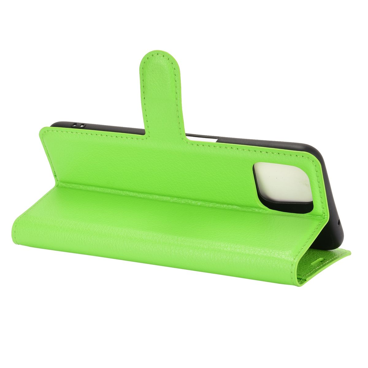 Grüne Handyhülle, geöffnet, mit dem Telefon in der Hülle. Die Rückseite des Telefons ist sichtbar.