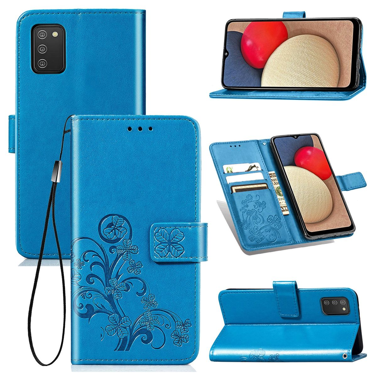 Blaue Handyhülle mit floralem Design, Telefon zeigt roten Kreis.