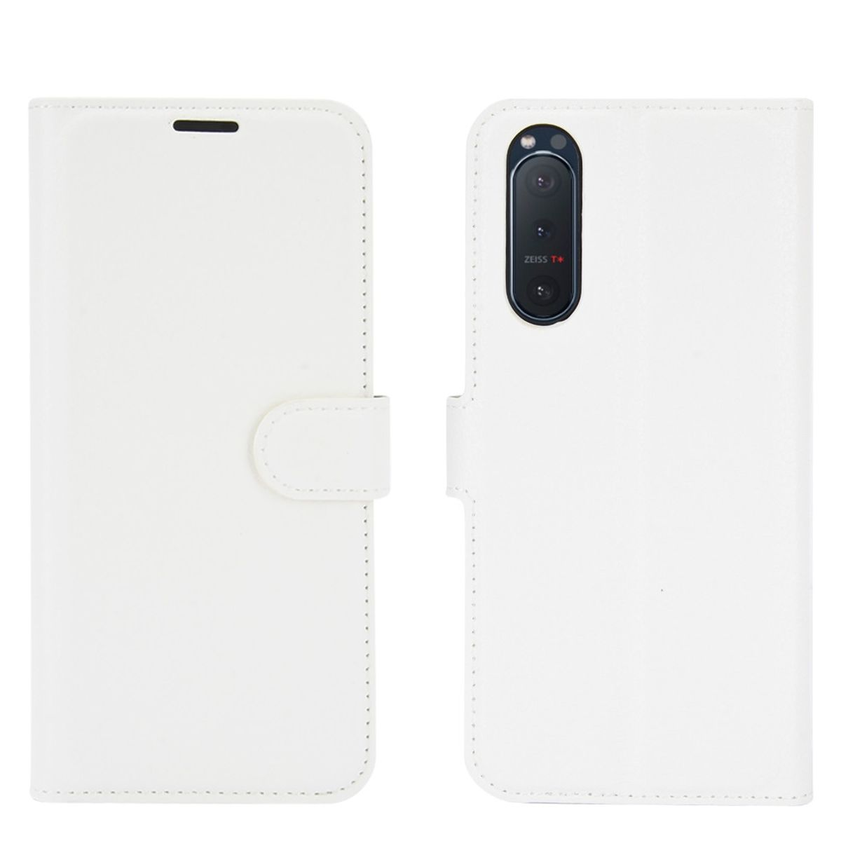 Weißes Handy-Etui. Geöffnetes Etui zeigt ein Telefon mit mehreren Kameras.