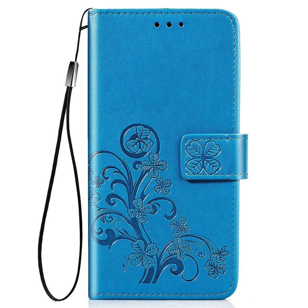 Blaue Handyhülle mit floralem Design. Die Hülle ist geschlossen, mit einer Handschlaufe befestigt.