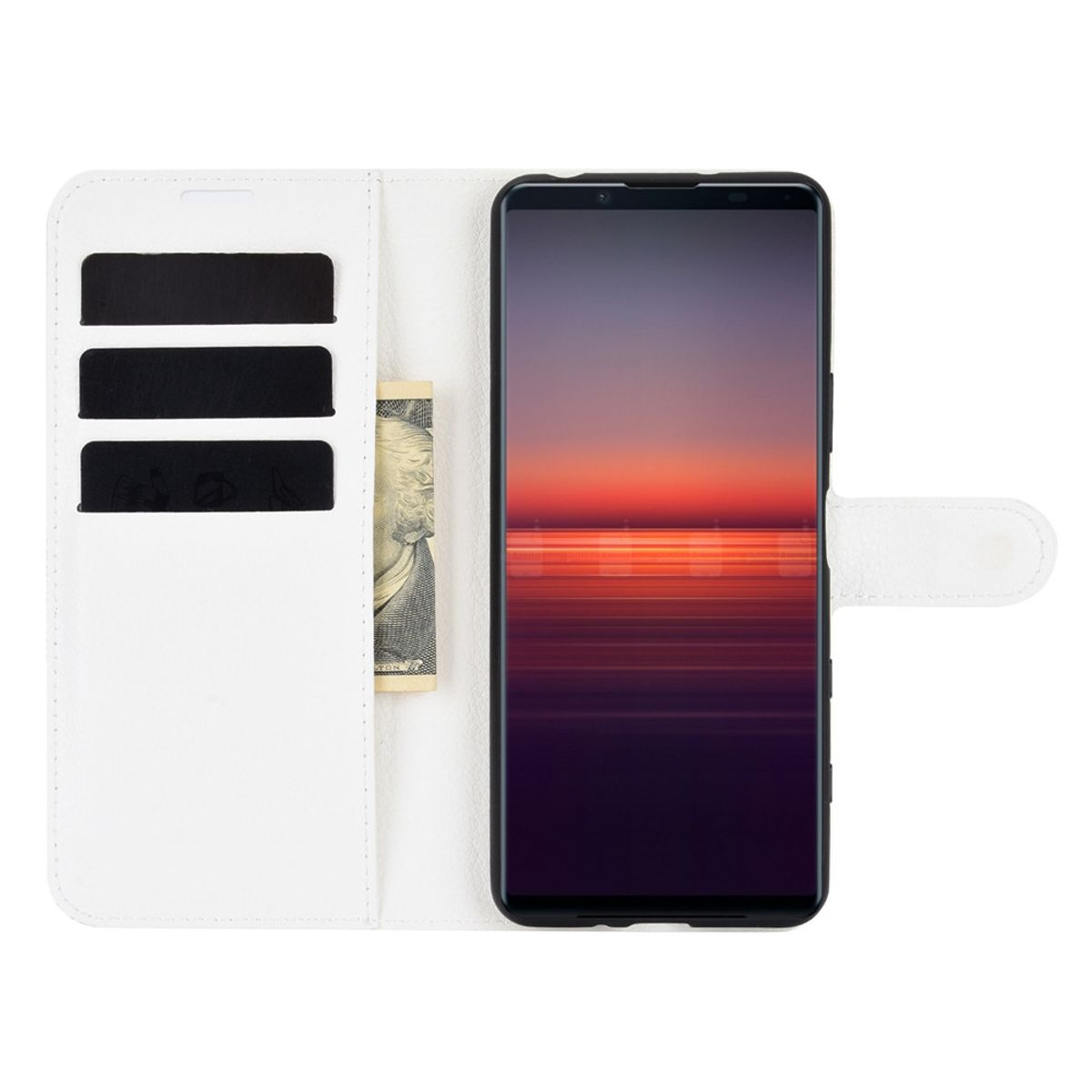 Eine weiße Brieftaschen-Handyhülle, geöffnet, zeigt ein Telefon. Die Hülle enthält einen Steckplatz für Geld.