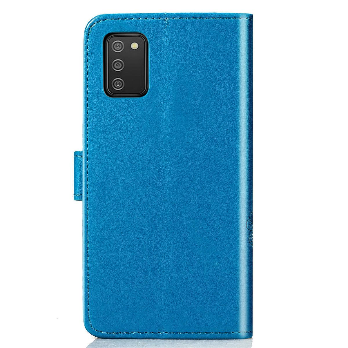 Blaue Handyhülle geschlossen, mit Kameraausschnitt. Die Hülle ist blau.