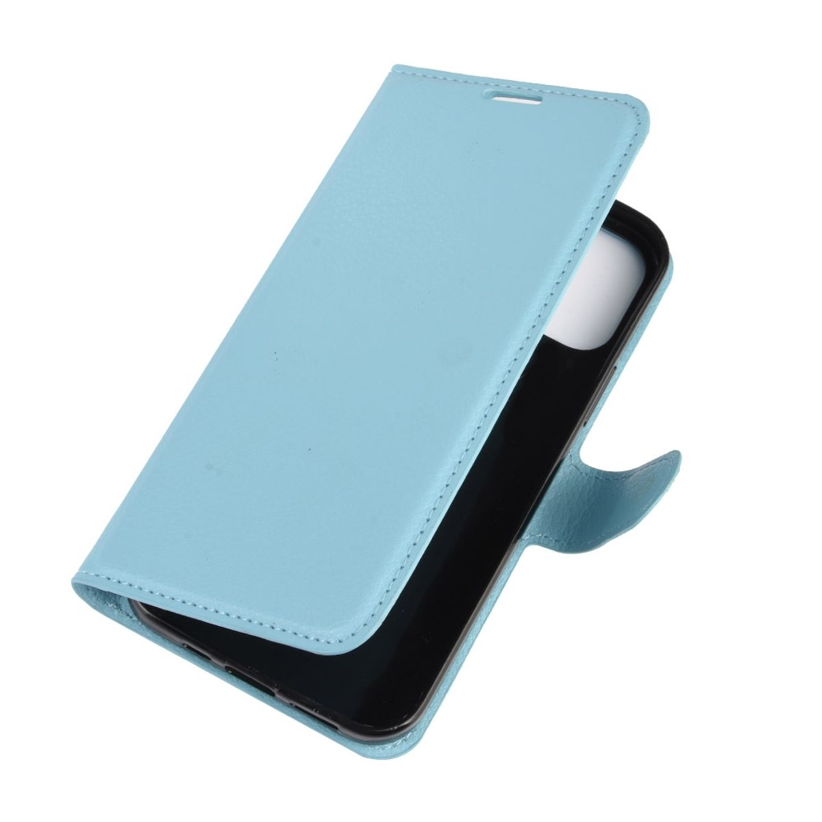 Hellblaue Handyhülle, geöffnet, mit schwarzem Telefon.