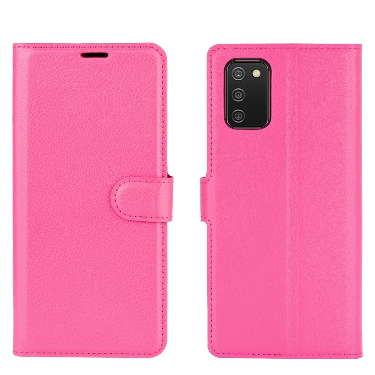 Ein pinkfarbenes Handy-Case, offen, zeigt die Rückseite des Telefons. Das Case hat einen Magnetverschluss und ist Leder.