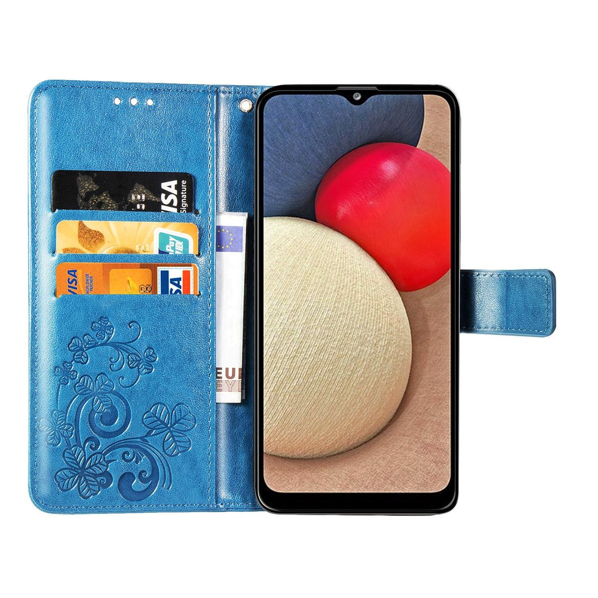 Blaue Handyhülle, offen, Handy sichtbar. Im Inneren der Hülle Kreditkarten und Geld.