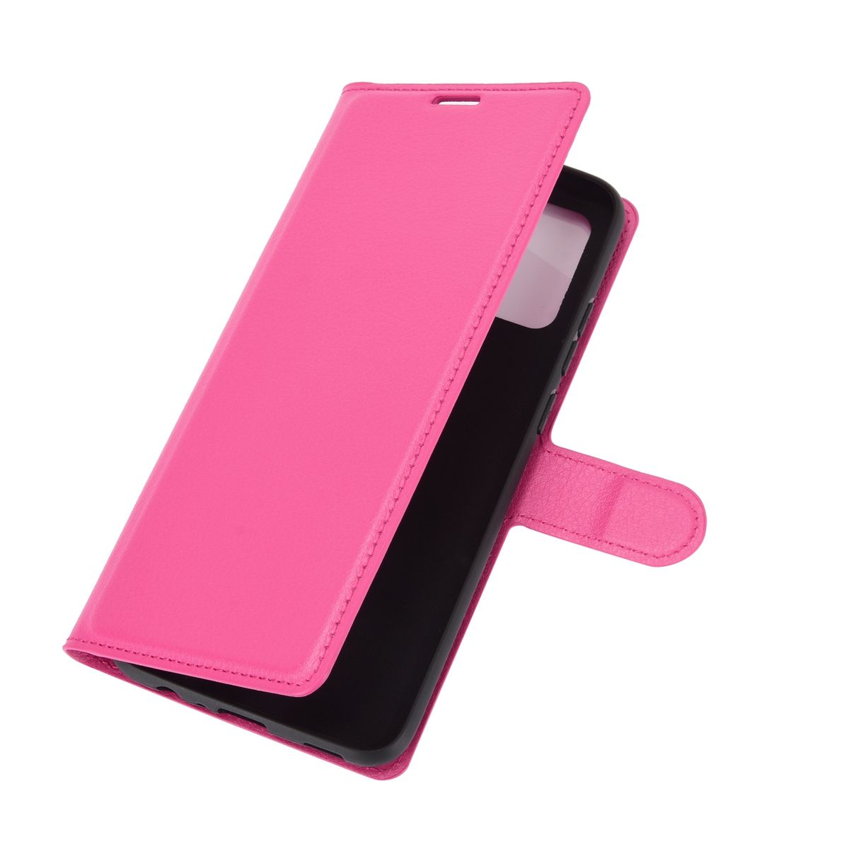 Rosa Handyhülle, offen, mit einem Telefon darin. Das Telefon ist schwarz.
