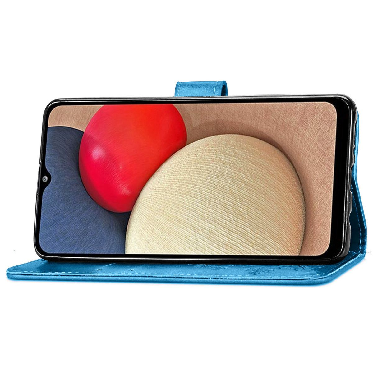 Blaue Handyhülle, offen, mit einem Telefon, das einen farbenfrohen Bildschirm zeigt.