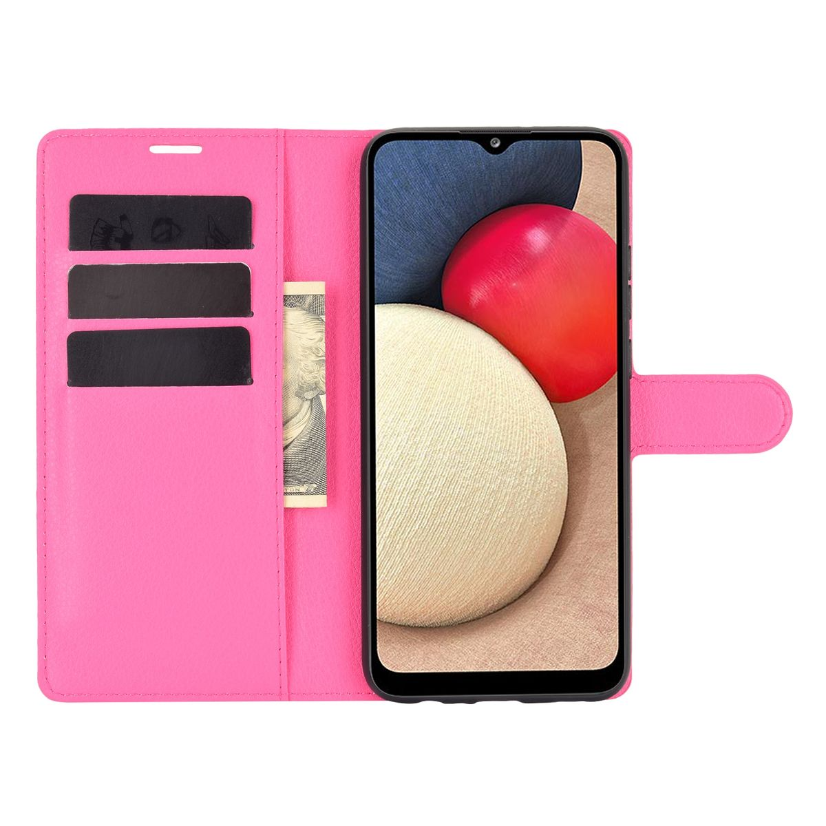 Offene pinke Handyhülle, zeigt Telefonbildschirm mit Brieftasche und Dollarnote.
