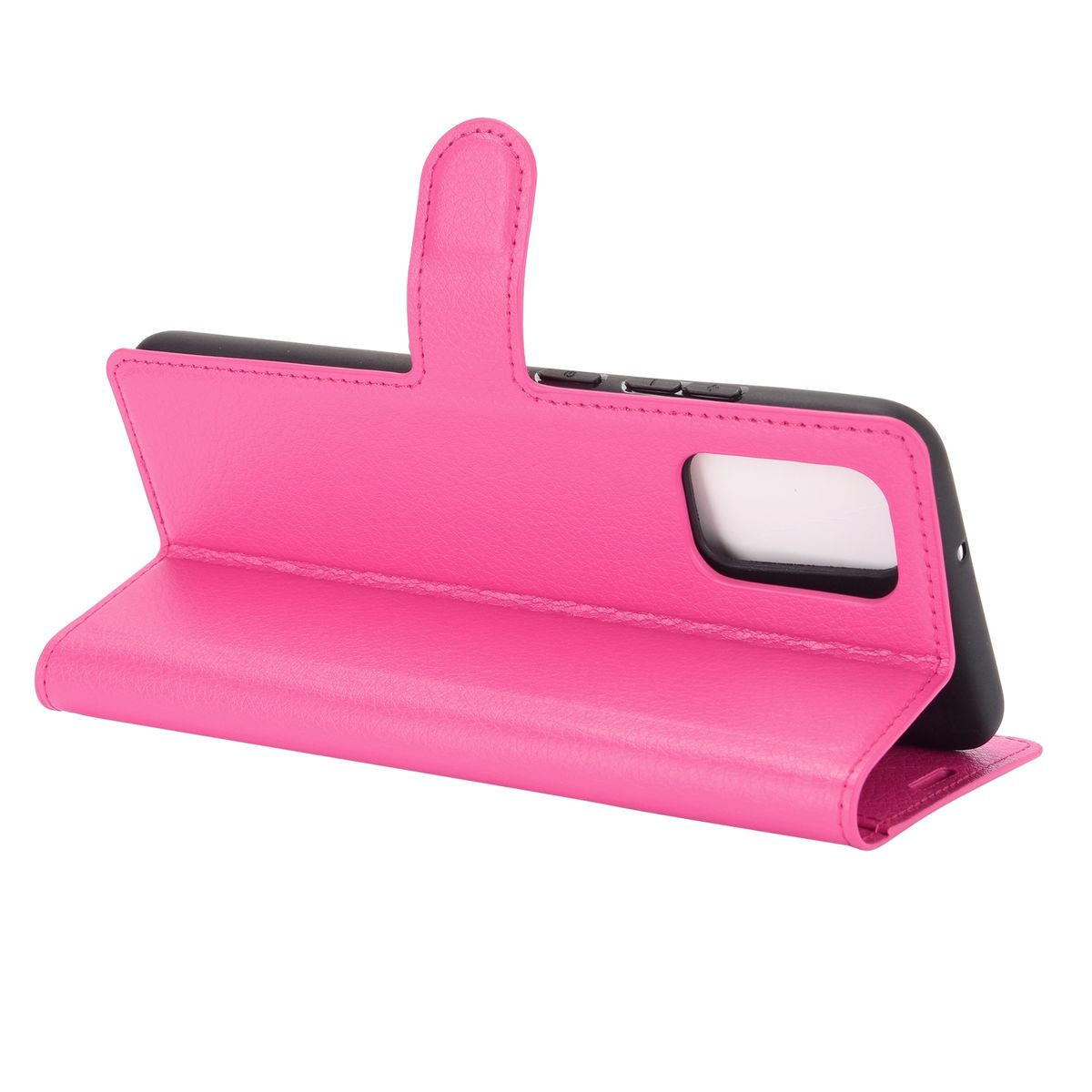 Geöffnete rosa Handyhülle mit einem Telefon darin. Das Telefon ist abgewinkelt und zeigt den Bildschirm und die Hülle.