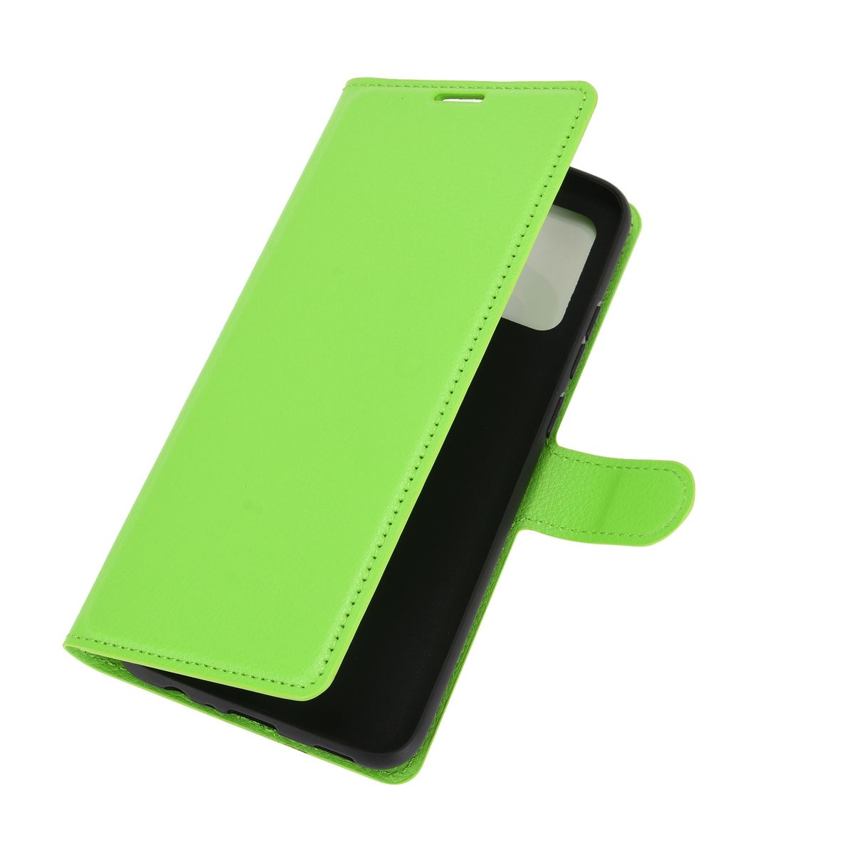 Grüne Handyhülle, offen. Zeigt ein Telefon.