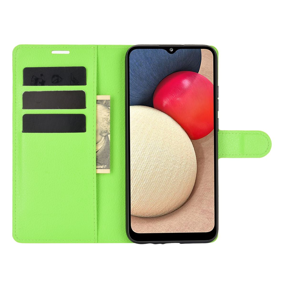 Eine grüne Handyhülle mit Karten und Geld. Ein Telefon mit farbenfrohem Hintergrund ist innen.