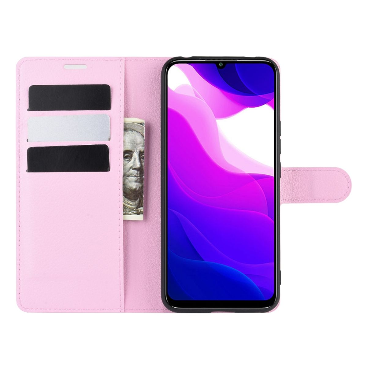 Pinke Handyhülle offen, mit Telefon, das ein lila Hintergrundbild und einen Dollarschein zeigt.