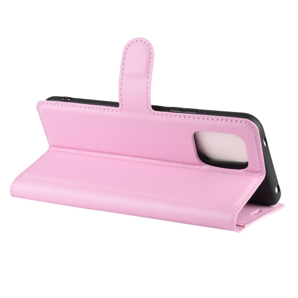 Geöffnete rosa Handyhülle mit Telefon. Die Rückkamera des Telefons ist sichtbar.