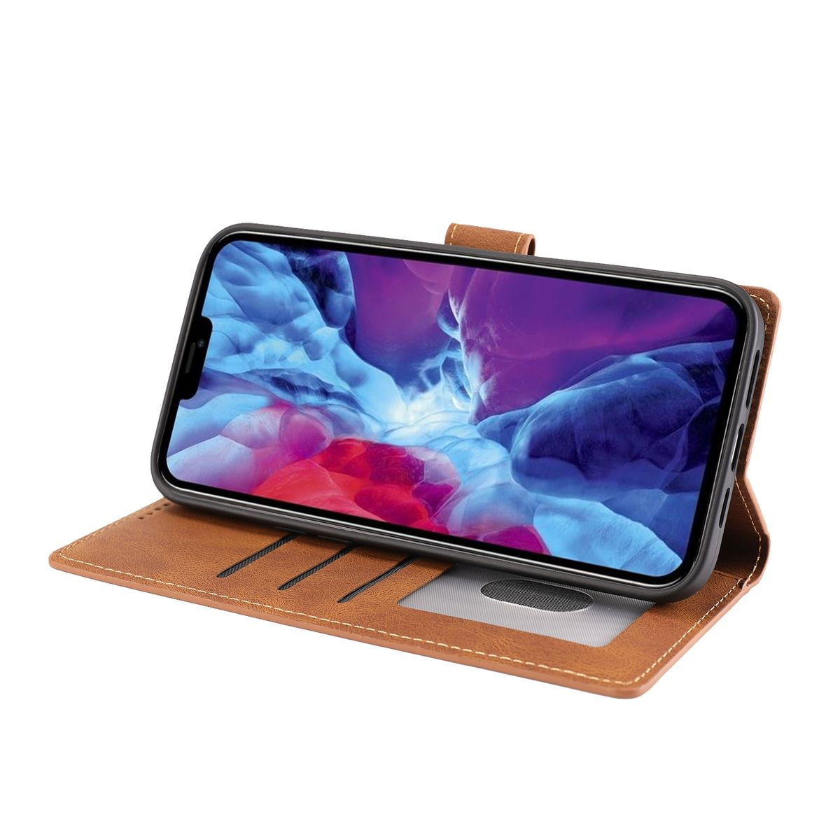 Braune Leder-Handyhülle mit Telefon darin. Sie ist geöffnet.