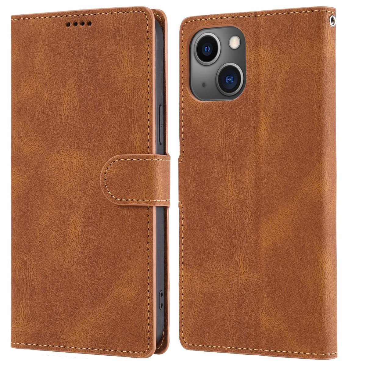 Eine braune Handyhülle, offen, mit Kartenfächern und einem Telefon. Die Handyhülle scheint aus Leder zu sein.