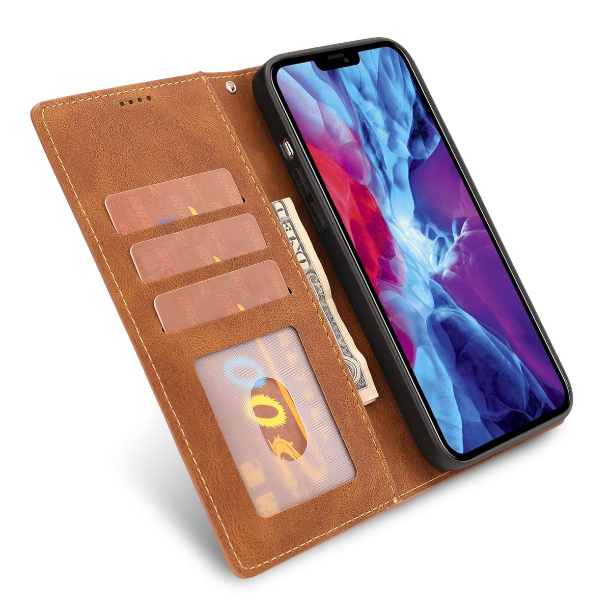 Braune Handyhülle offen mit Telefon, Karten und Geld darin. Hülle hat Kartenfächer.