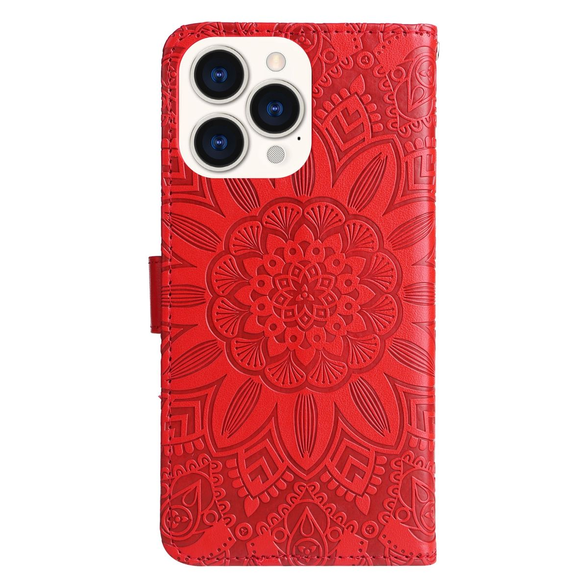 Rote Handyhülle mit floralem Muster. Gehäuse ist offen und hat ein Telefon im Inneren.