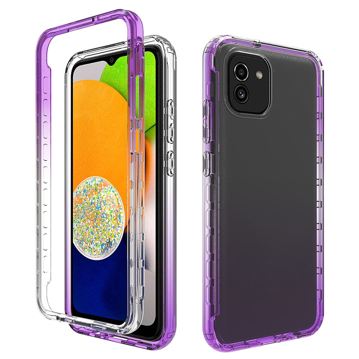 Transparente Handyhülle mit lila Rahmen. Telefon ist sichtbar. Mehrere Ansichten.