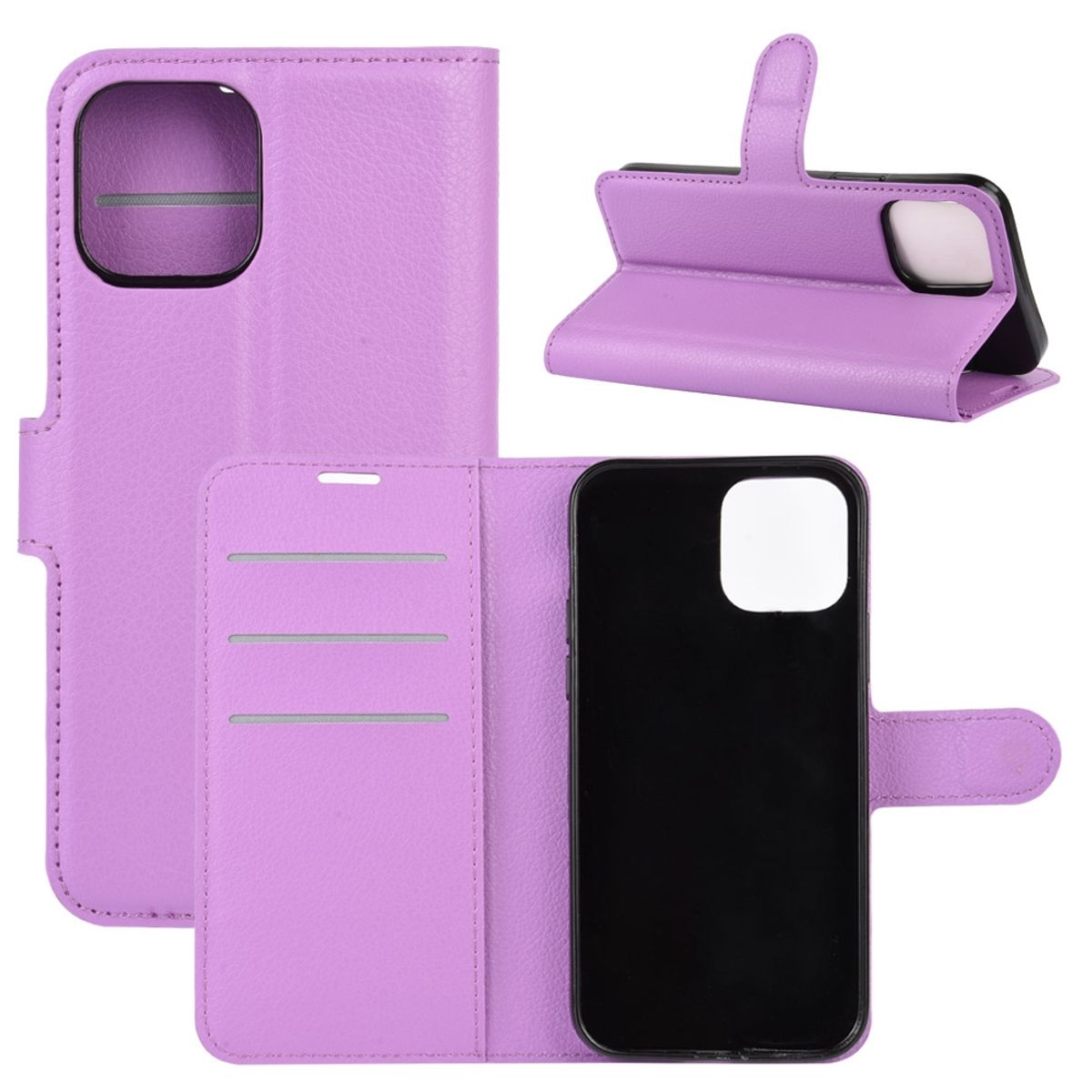 Helllila Handyhülle, mehrere Ansichten. Telefon, Karten und Etui-Details sichtbar.