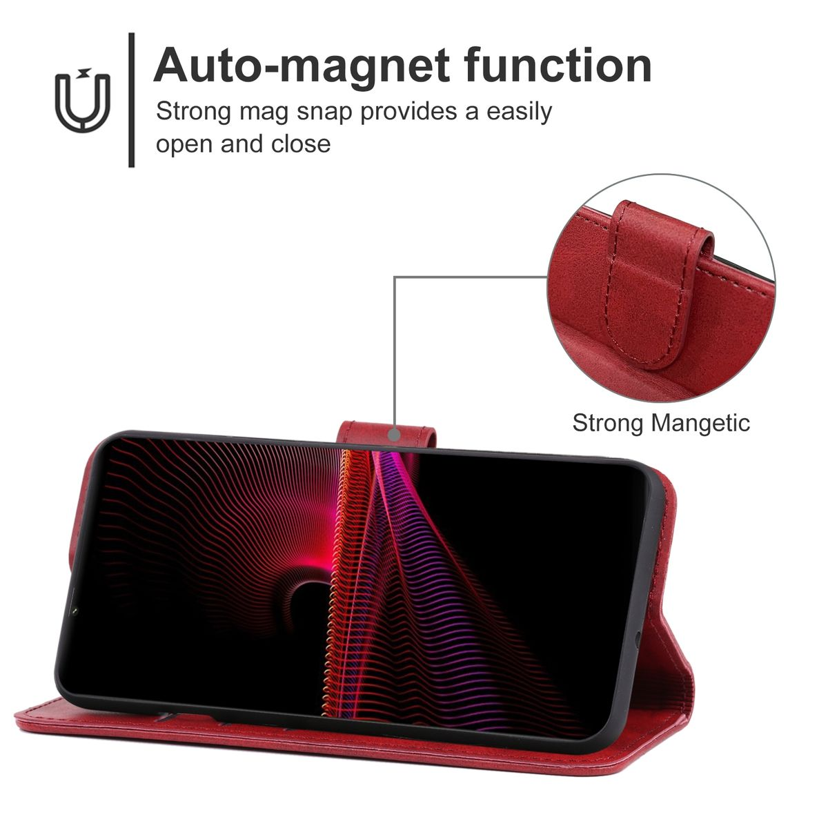 Rote Handyhülle mit Telefon und Magnetverschluss. Hülle ist geöffnet, zeigt Telefon.
