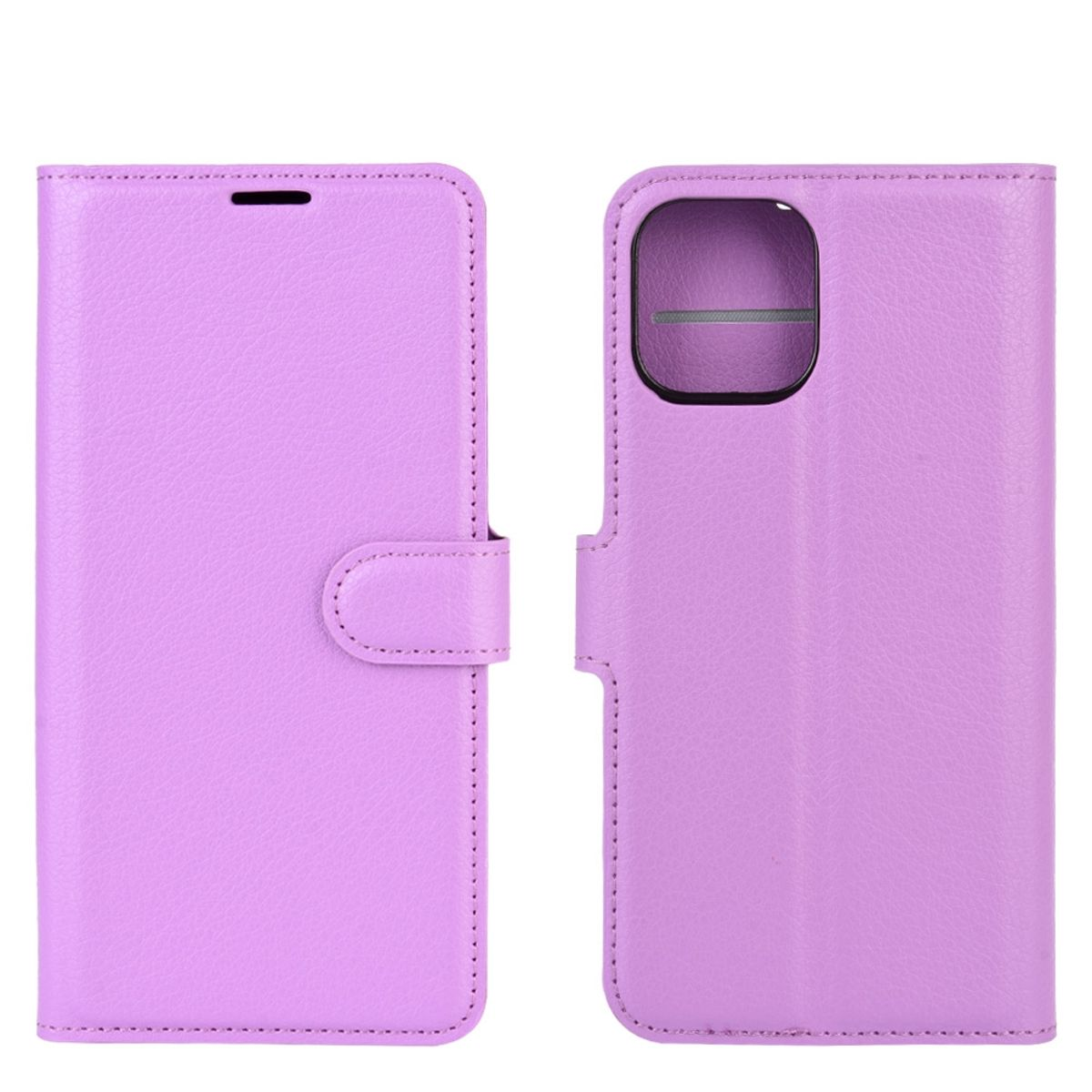Geöffnete, hellviolette Handyhülle. Im Inneren befindet sich ein Telefonhalter.