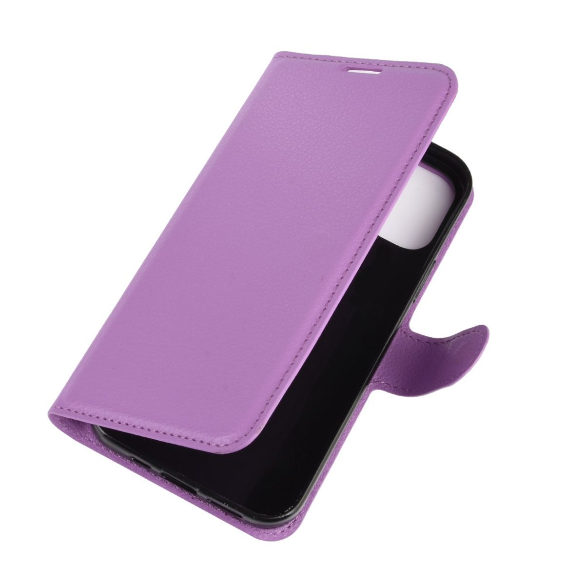 Lila Handyhülle offen, mit schwarzem Telefon darin. Hülle ist offen.