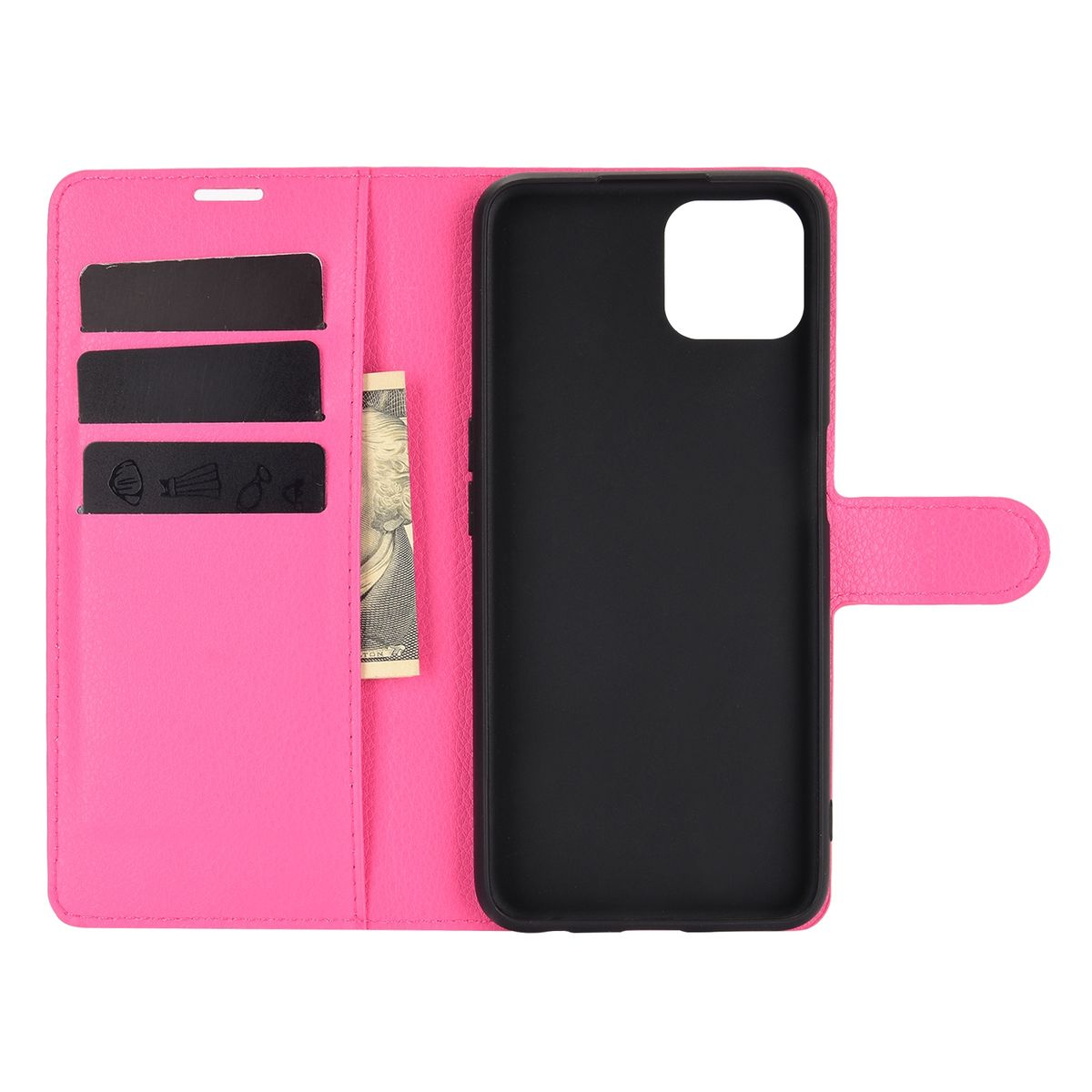 Eine pinkfarbene Handyhülle, offen. Sie enthält Karten und Geld. Das Telefon darin ist schwarz.