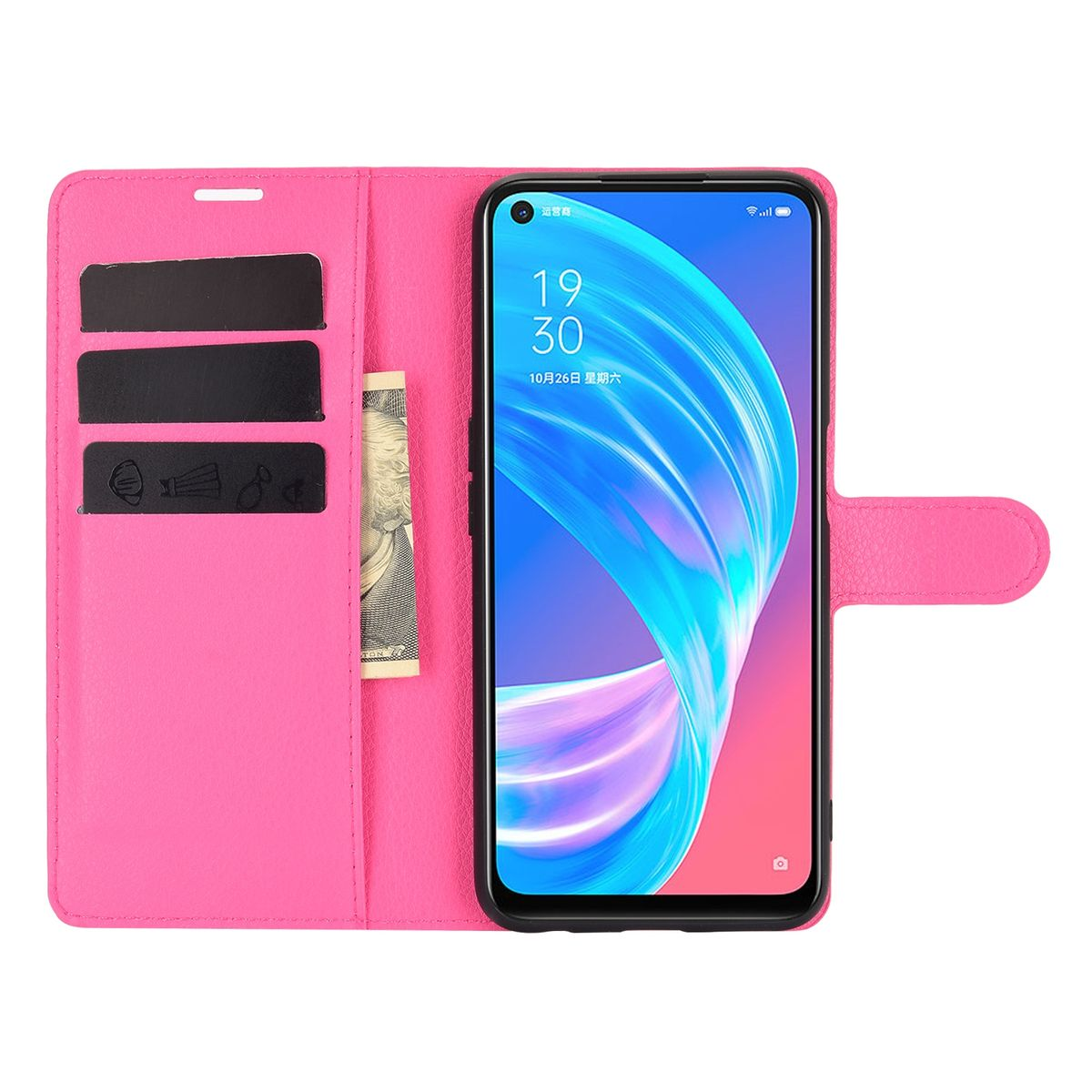 Pinke Telefonbrieftasche offen, zeigt Telefonbildschirm, Geld und Karten.