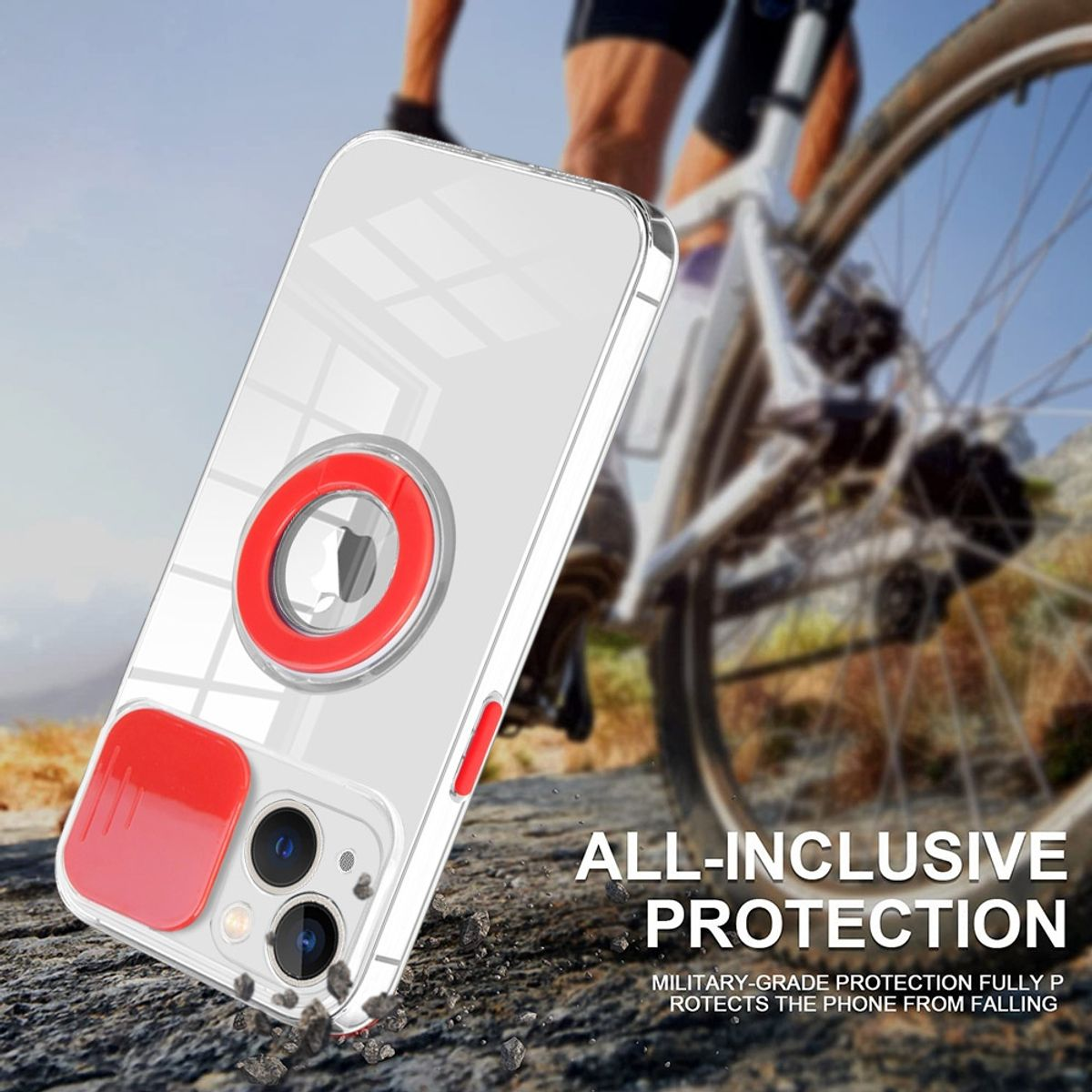 Transparente Handyhülle mit rotem Ring und Schieber. Text: "ALL-INCLUSIVE PROTECTION".