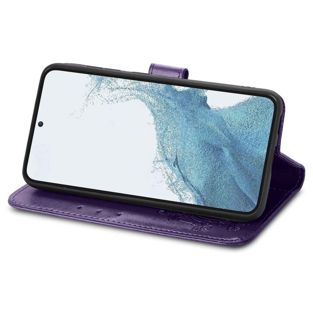 Lila Handyhülle offen mit Telefon darin. Blumenmuster auf dem Cover. Weißer Hintergrund.