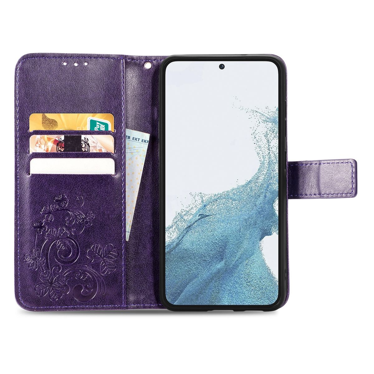 Lila Handyhülle mit floralem Design und einem Telefon. Der Hintergrund ist weiß.