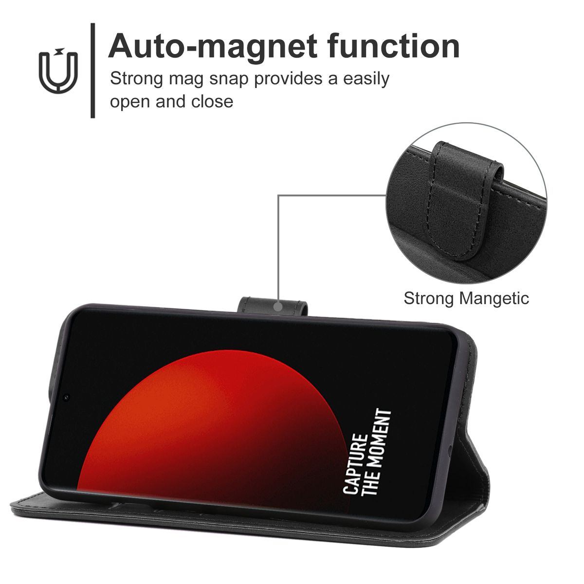 Schwarzes Handycase mit Telefon im Inneren. Roter Kreis auf dem Bildschirm. Auto-Magnet-Text.