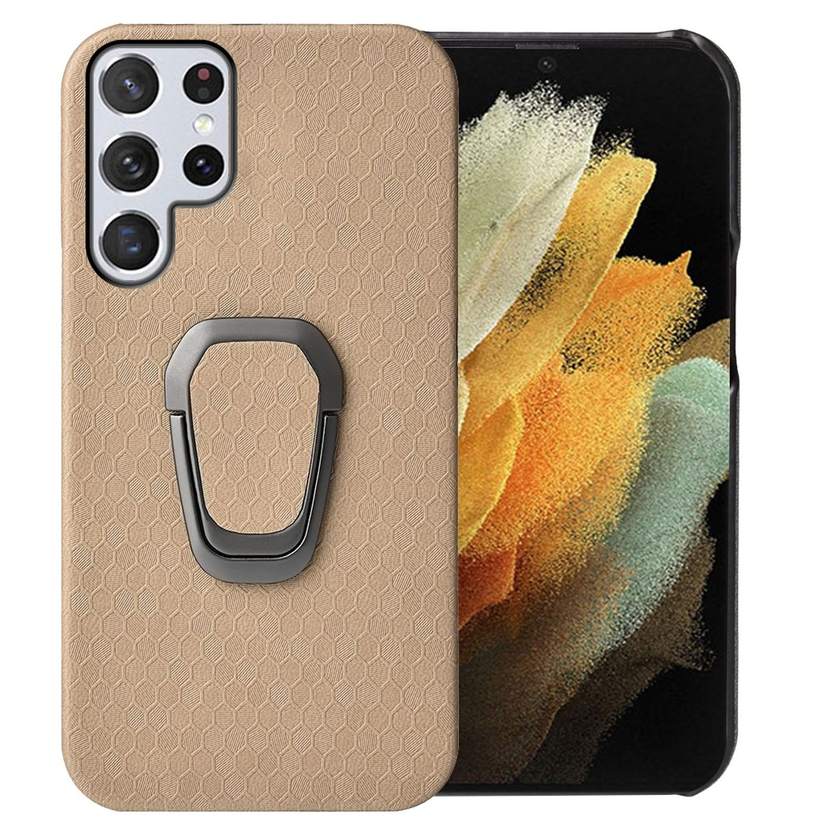 Beige Handyhülle mit einem Ringhalter. Es hat ein Wabenmuster.