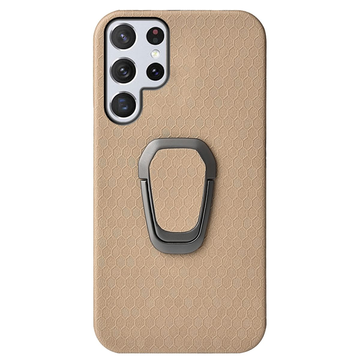 Handyhülle mit Ringhalter. Die Hülle ist beige mit Wabenmuster und einem schwarzen Ring.