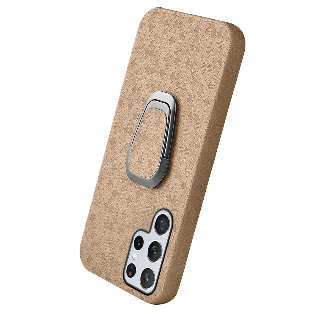 Beige Handyhülle mit Ringhalter und mehreren Kameralinsen. Die Hülle ist leicht geneigt.