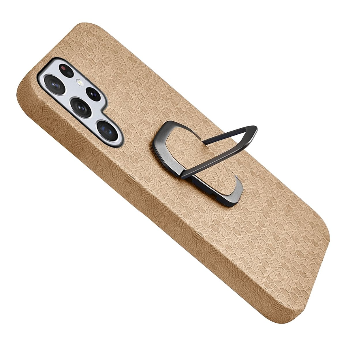 Beige Handyhülle mit schwarzem Ringhalter. Sechseckmuster auf der Rückseite.