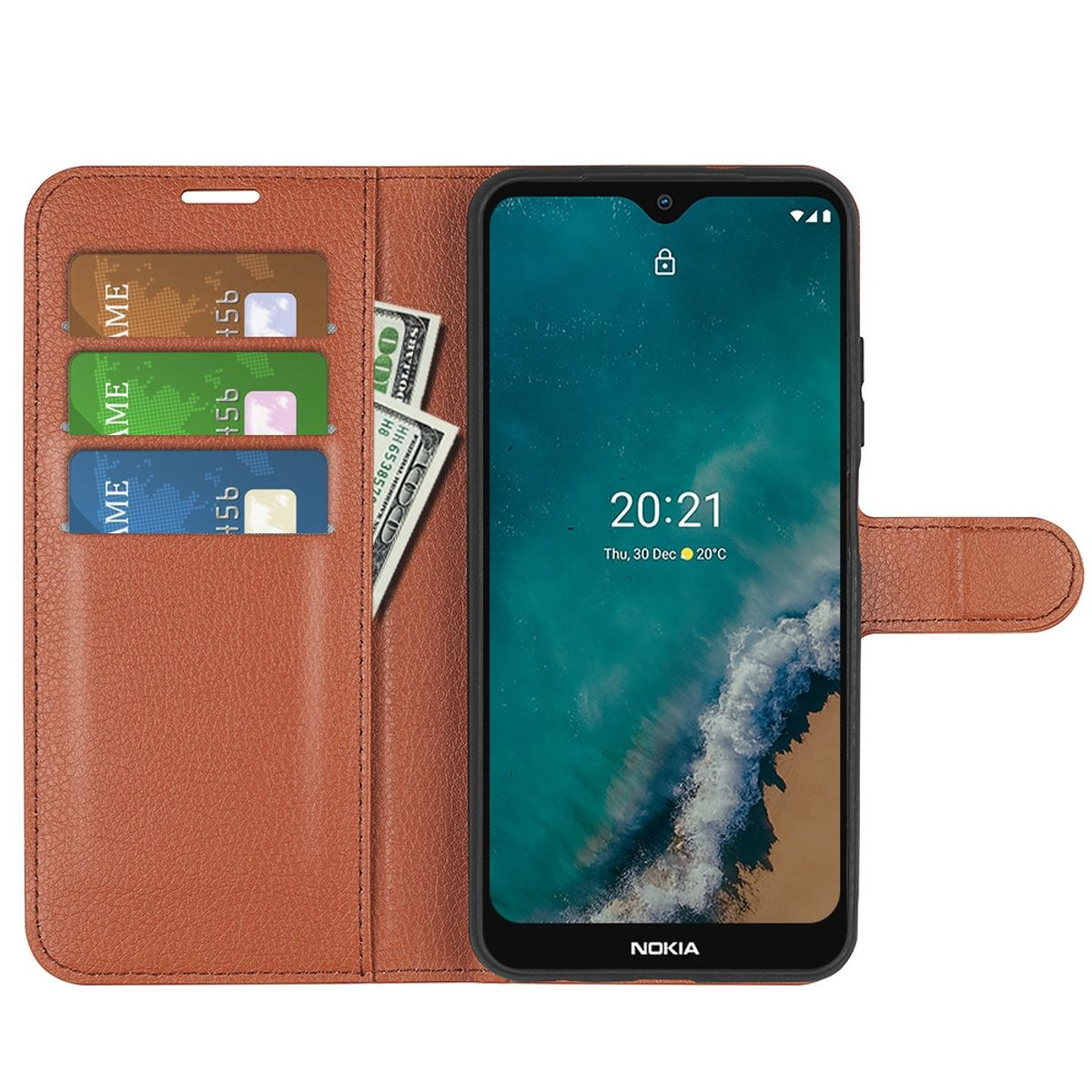 Geöffnete braune Handyhülle mit Kreditkarten, Bargeld und einem Telefon mit Uhrzeit und gesperrtem Bildschirm.