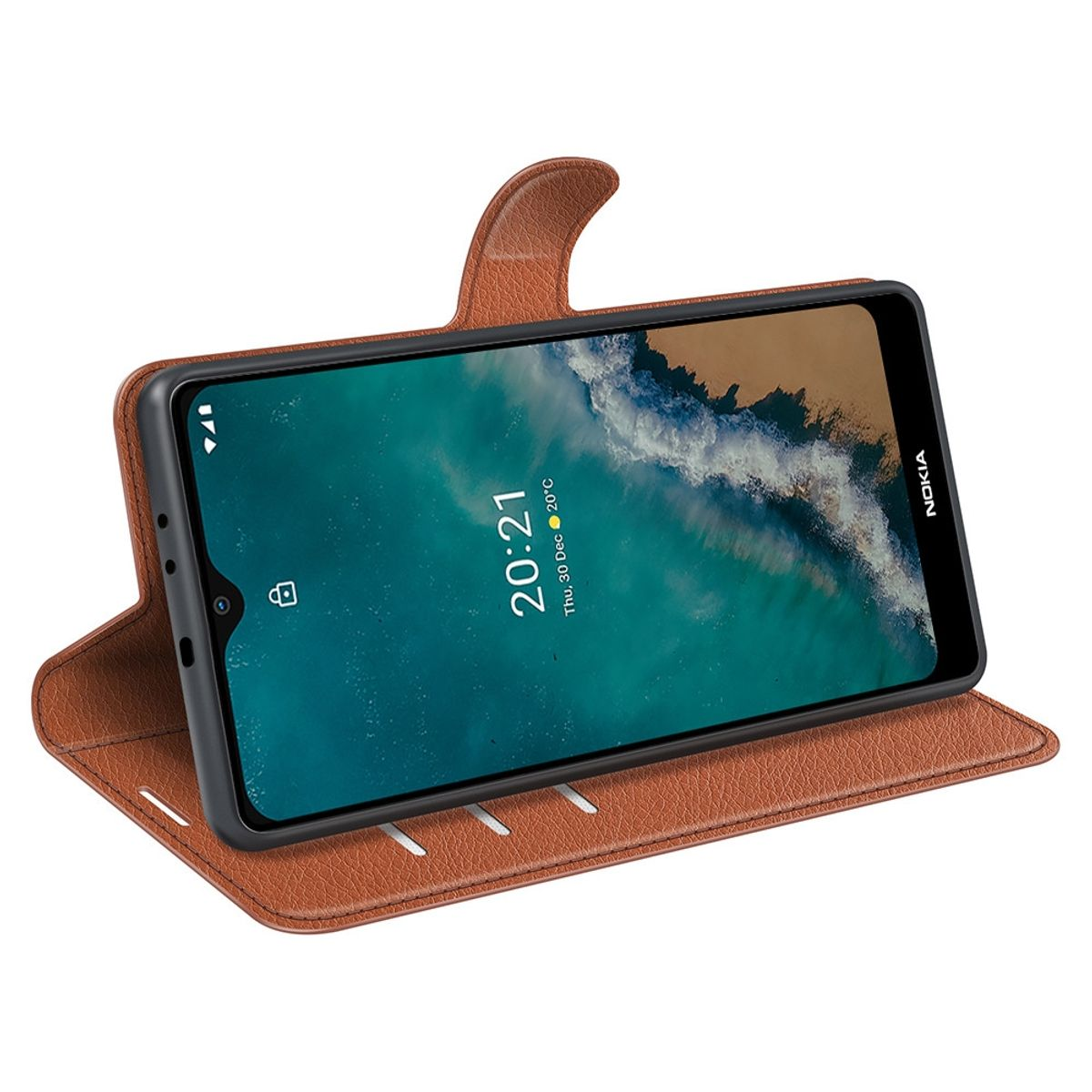 Braune Handyhülle offen, hält ein Telefon. Das Telefon zeigt Zeit und Datum an.