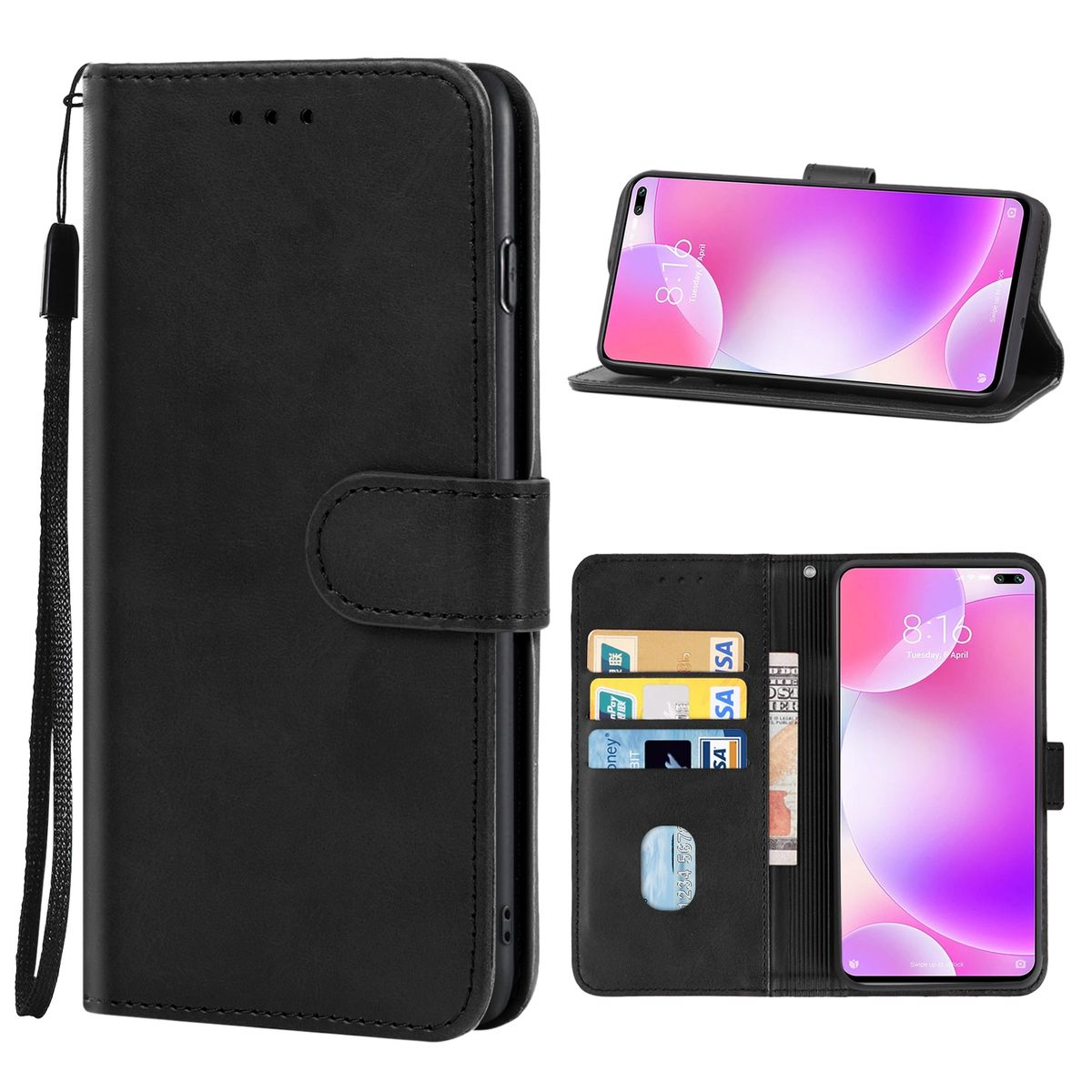 Schwarze Handyhülle mit Telefon, Kartenfächern und Handschlaufe.