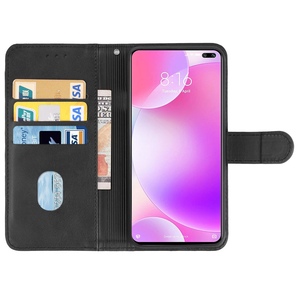 Schwarze Handyhülle mit Handy. Offen mit Kreditkarten und Bargeld.