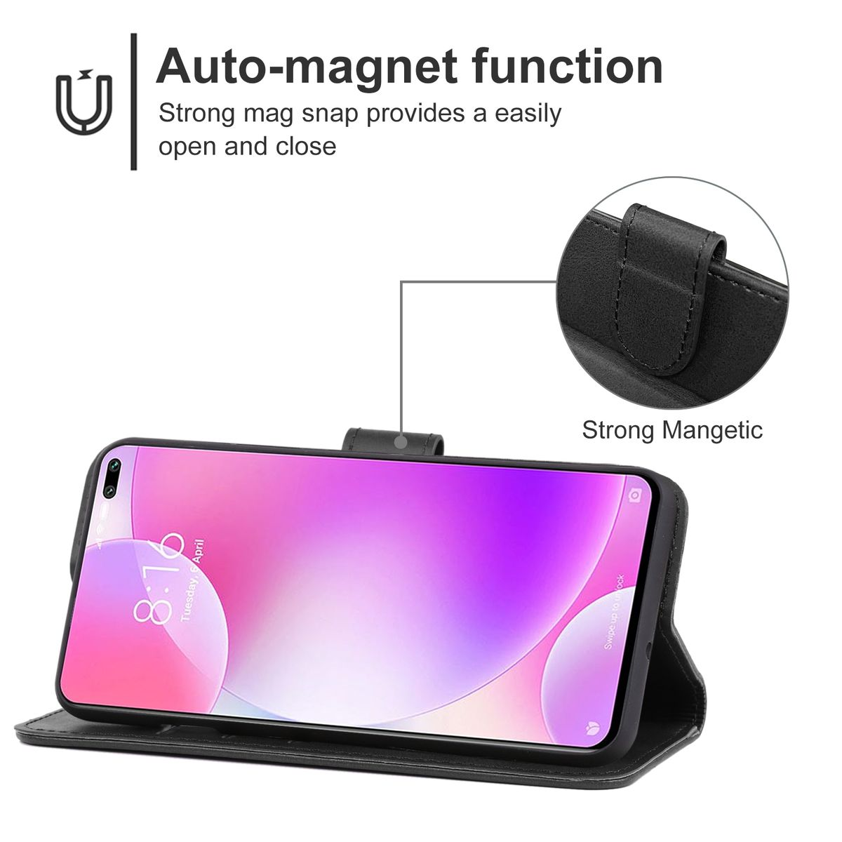 Handyhülle mit Telefon darin. Die Hülle ist schwarz und zeigt einen Telefonbildschirm, der die Zeit und Auto-Magnet anzeigt.